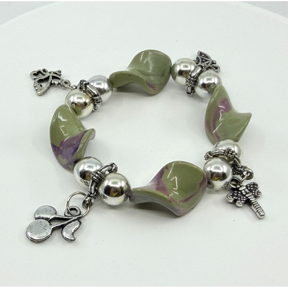 VTG Y2K Green Purple Swirl Acrylic Calla Lily Stretch Bracelet with Cherry